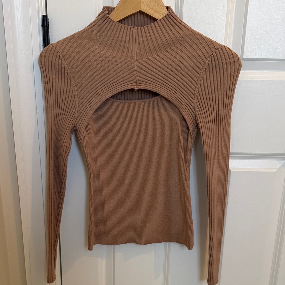 Promesa Tan Ribbed Cut-Out Top